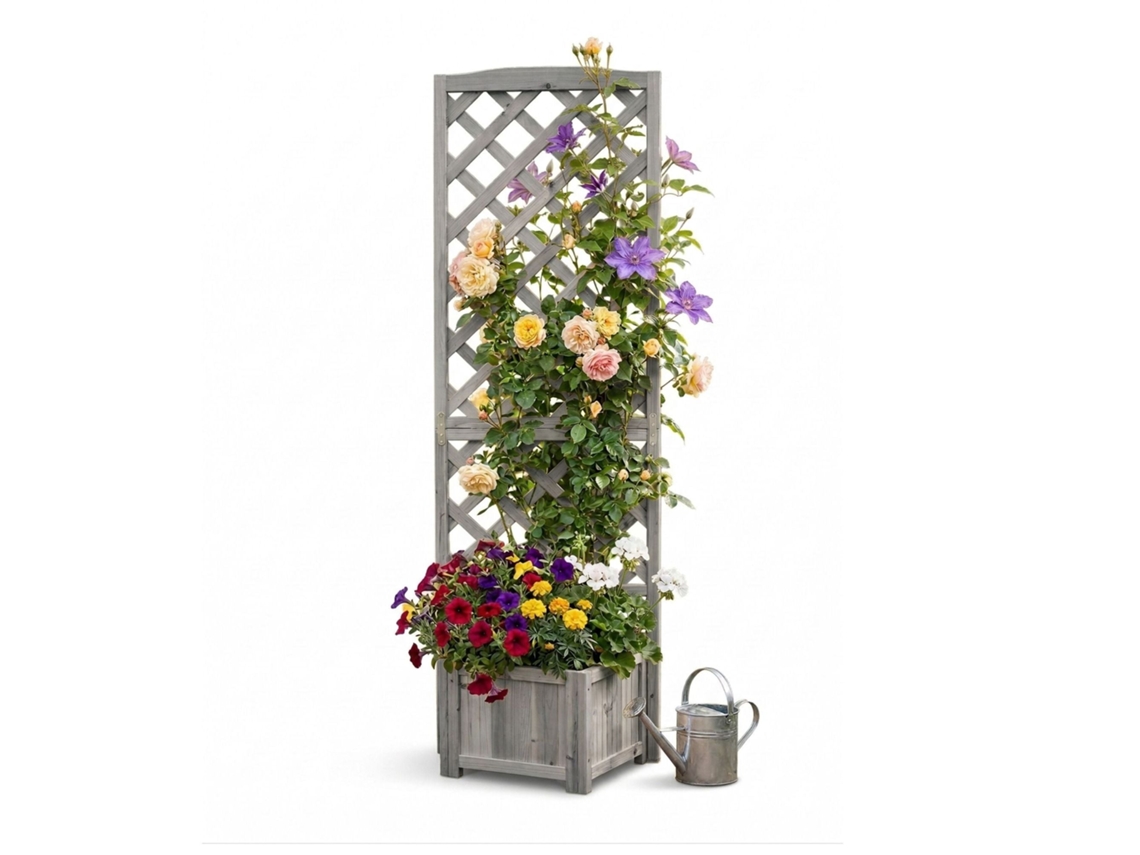Jardineira De Madeira Cinza 180 Cm Com Treliça