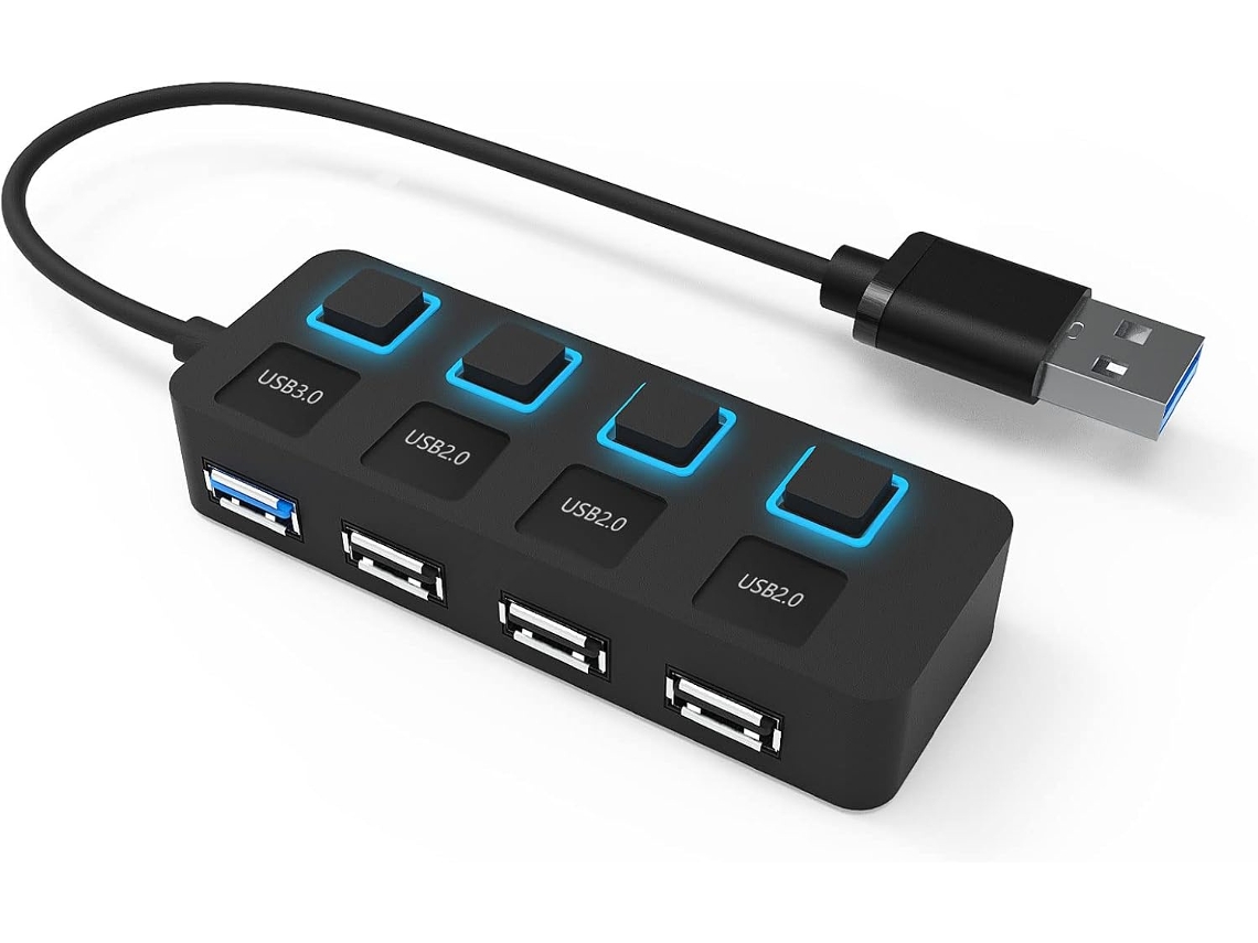 Hub USB 3.0 4 Portas Alimentação Própria e Interruptores LED IKIKSO (preto)