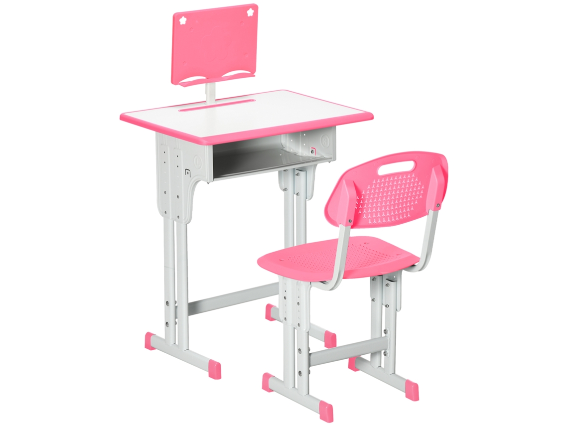Secretária E Cadeira Para Criança Pp, Mdf E Aço Cor Rosa 60x45x90-120 Cm Homcom