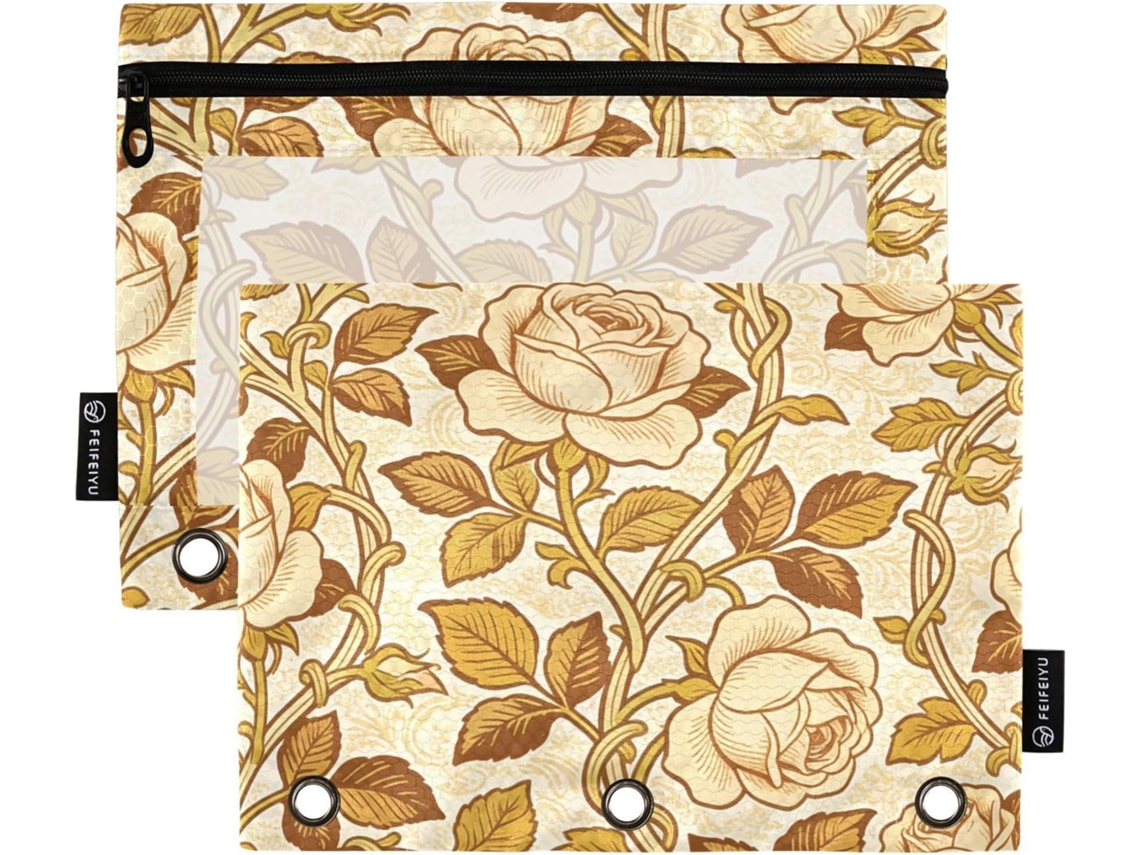 Pasta De 3 Argolas William Morris Classic Rose Marrom Claro Com Janelas E Bolsos Transparentes, Estojo Grande E
