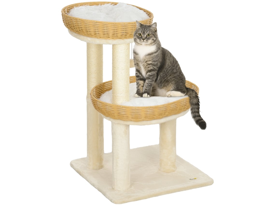 Árvore para Gatos, Árvore de Escalada, 75,5 Cm de Altura, com Duas Camas de Vime, Postes para Arranhar, Almofadas Laváveis, Bege ESSÊNCIACASA
