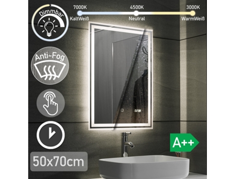 Espelho de WC retroiluminado - 50 x 70 cm, A++, Iluminação Traseira Branca Fria/Quente/Neutra, Toque, Anti-embaciante, Relógio -