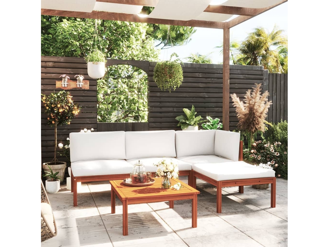 Pcs Conjunto Lounge Jardim C/ Almofadões Acácia Maciça Creme Dkd Home Decor