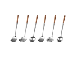Rebe conjunto de Ferramentas para Wok, Espátula e Colher de 44cm, Aço Inoxidável 304 com Cabo de Madeira, Anti calor e Seguro
