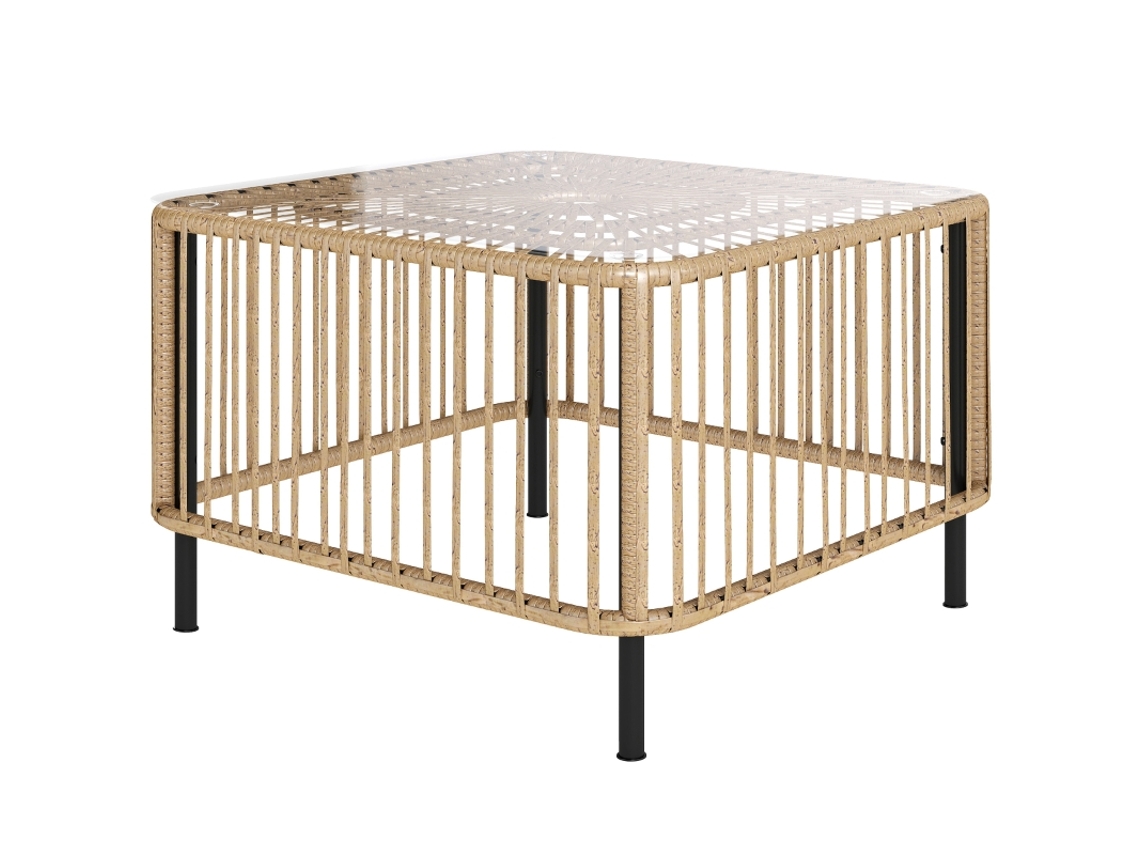 Mesa De Jardim Em Polirratã, 65 X 65 X 43 Cm, Mesa De Apoio Resistente Às Intempéries, Mesa Quadrada Para Pátio Com Tampo Em Vidro BAGOLY