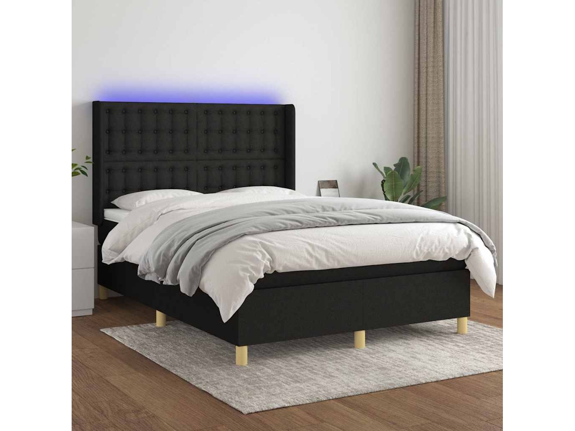 Vidaxl Cama Box Spring C/ Colchão E Led 140x200 Cm Tecido Preto