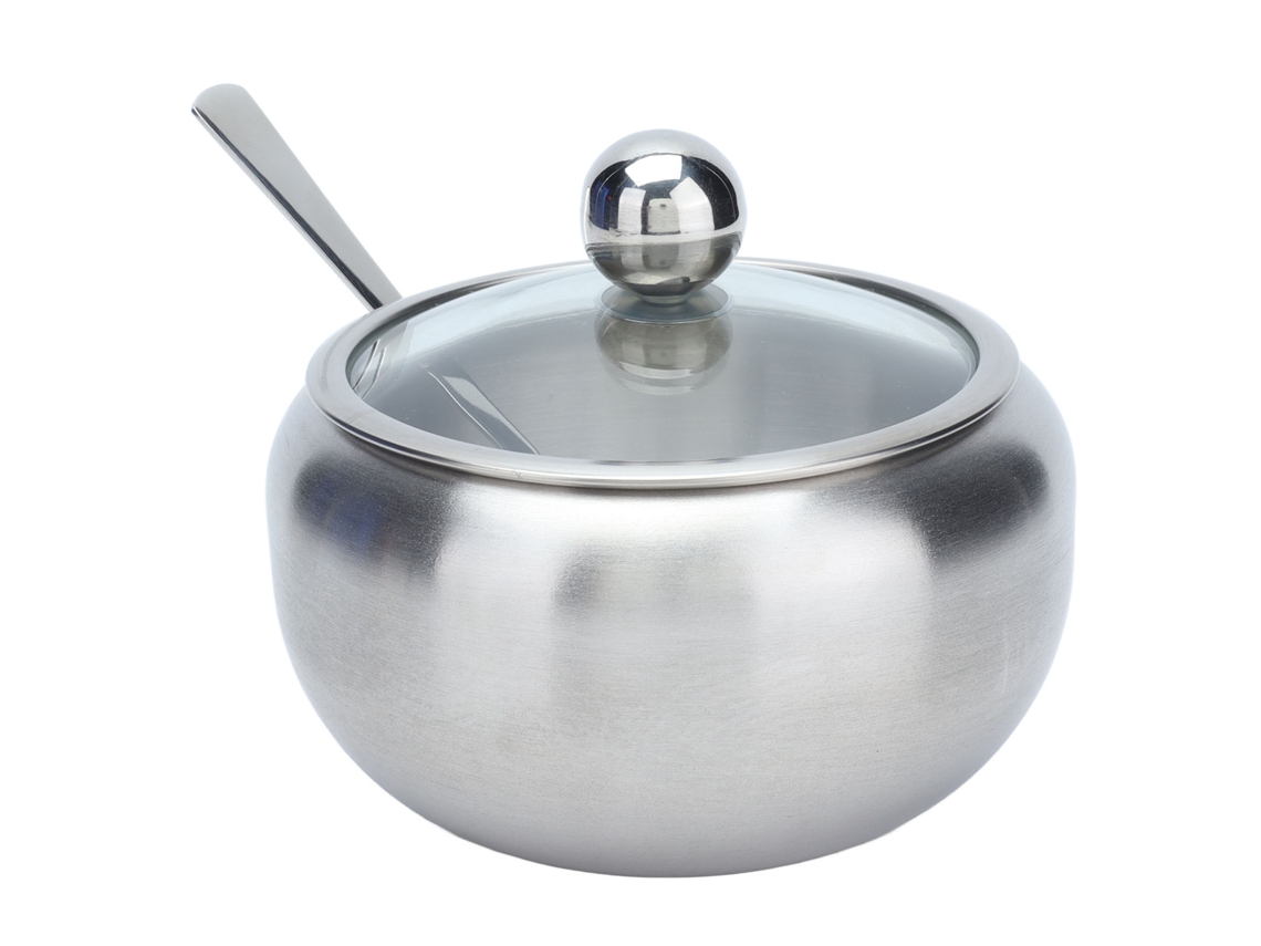 Tigela de Açúcar Inox com Tampa Transparente e Colher Embutida, Resistente à Ferrugem e Oxidação S/MARCA