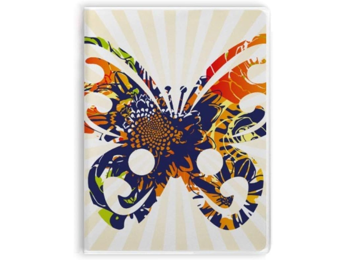 Caderno com capa estampada com flores e borboletas.