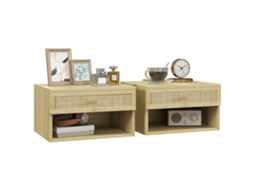 2 Comodini boho com gaveta e prateleiras abertas em aglomerado e rattan 40x34x23cm BTFORUS