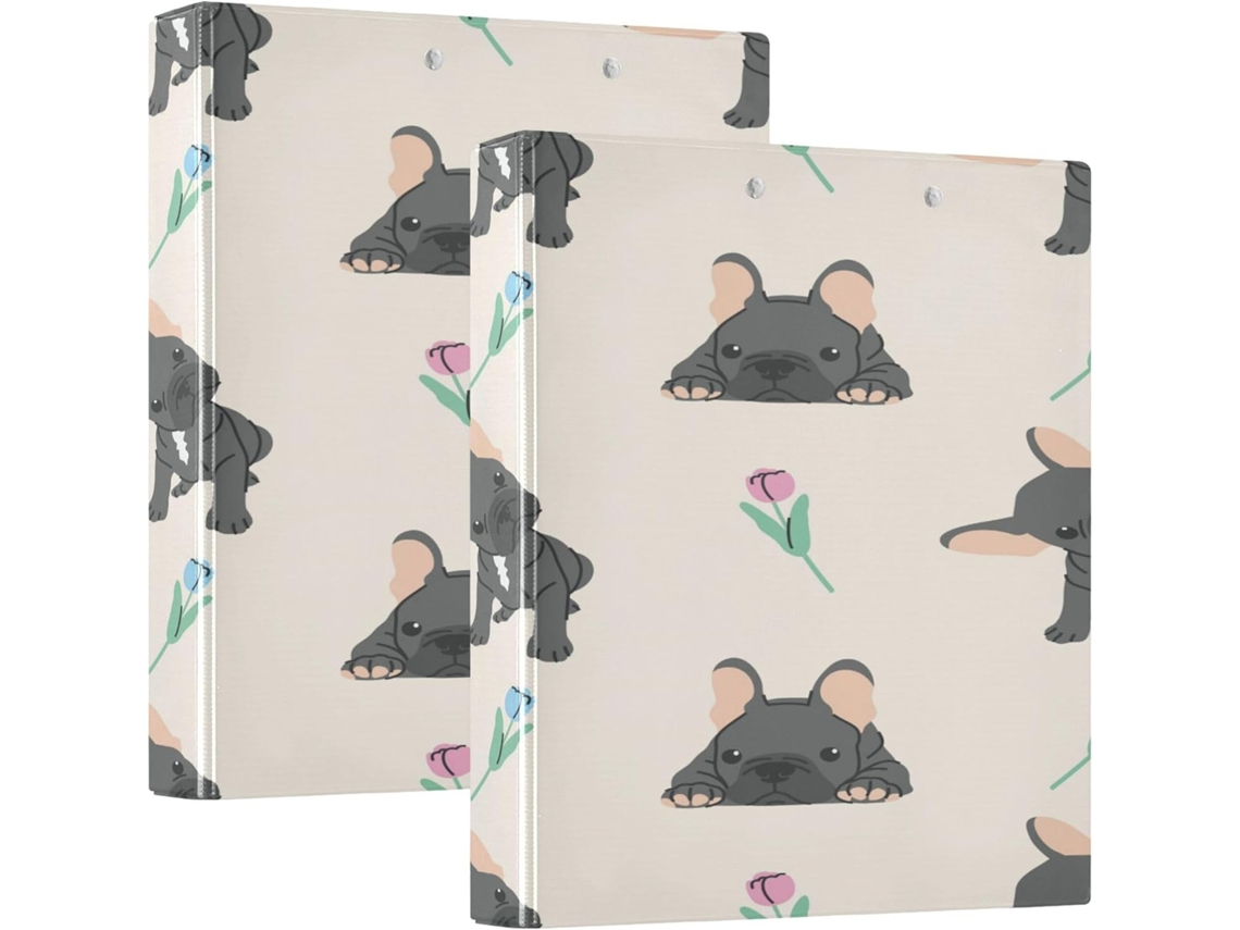 Conjunto de 2 Fichários Três Argolas, 2,5 Cm e 5 Polegadas, com Bolsos, para Escola, Capa Dura, Estampa Bulldo