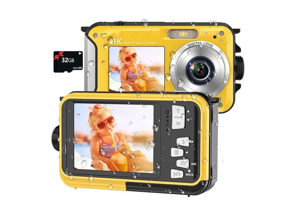 Câmera À Prova D'água 4k 64mp Tela Dupla 16 Pés Microsd 32gb BISBISOUS (amarela)