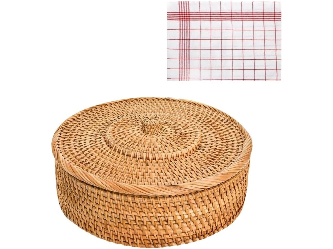 Cesto De Tortilha Em Rattan Com Forro De Algodão Castanho 10.2x10.2x3.5 Polegadas