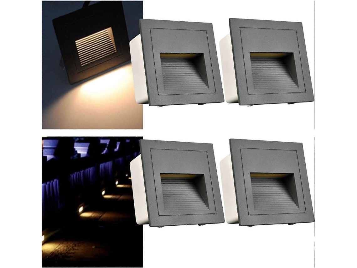 Conjunto de 4 luminárias de parede LED embutidas Omni de 3 W, em alumínio, 230 V, branco quente, IP65 à prova d'água, caixa cinza, classe energética E.