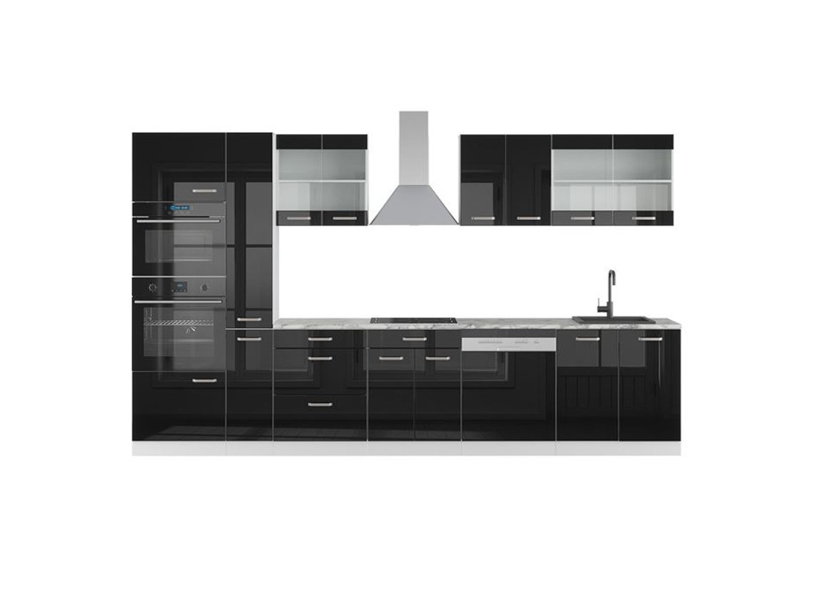 Cozinha R-Line, 350 cm com armário alto, sem bancada, Preto brilhante/Branco, Vicco