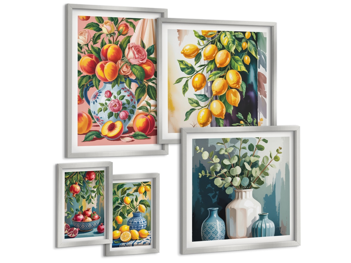 Composição De Quadros Paisagens Tranquilas De Verão, Boho Moldura Prateada Imagens Para Um Quarto Infantil Espelharte (conjunto De 5 Imagens)