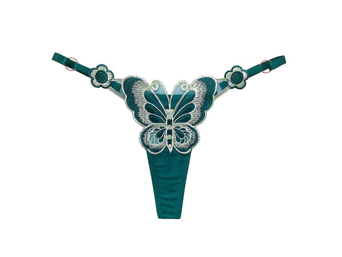 Fasst tanga G string para Mulher com Anel de Metal e Bordado de Borboletas Ajustável Interior Sexy de Nylon