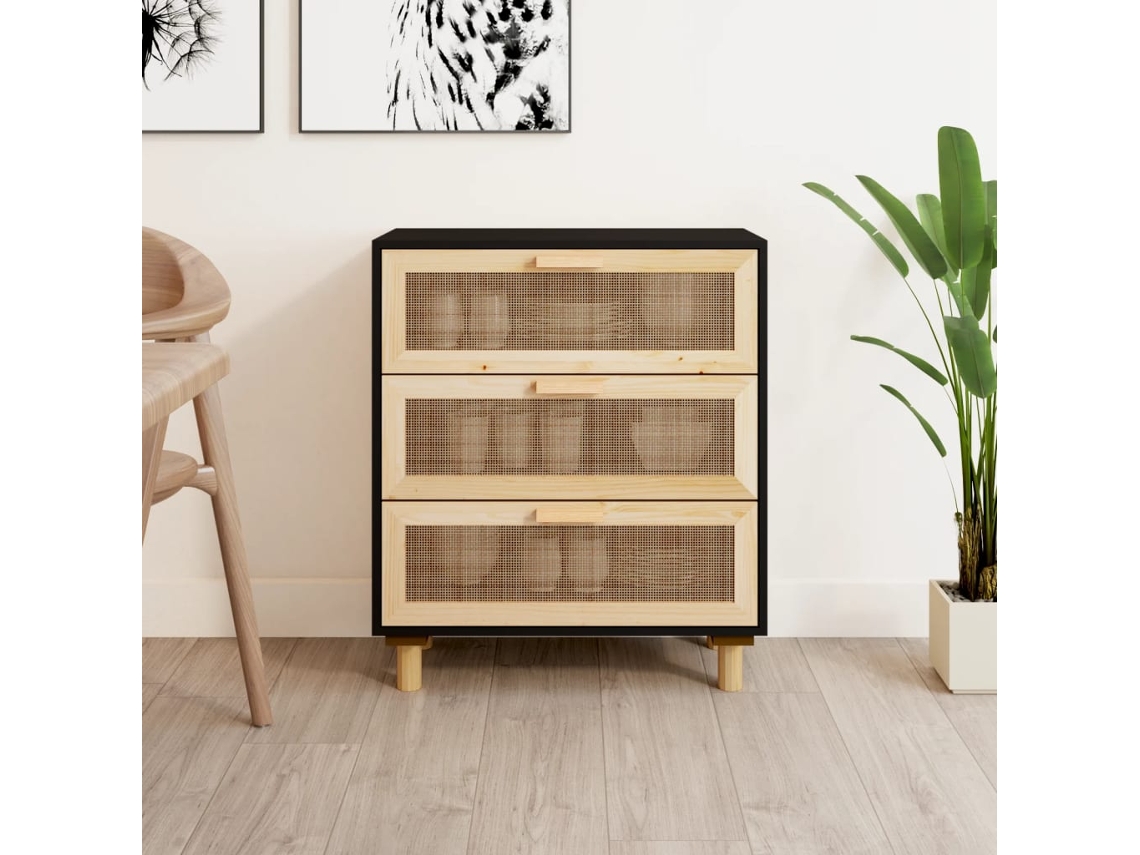 Vidaxl Aparador 60x30x70 Cm Pinho Maciço/vime Natural Preto