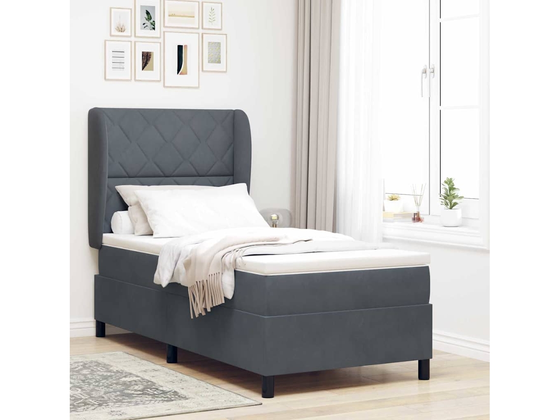 Vidaxl Cama Box Com Almofada Manual Cinza Escuro 190 X 90 Cm Veludo