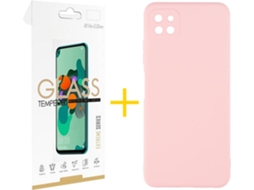 Capa e Película de Vidro Samsung Galaxy A22 5G SKYHE Silicone Líquido Rosa Creme