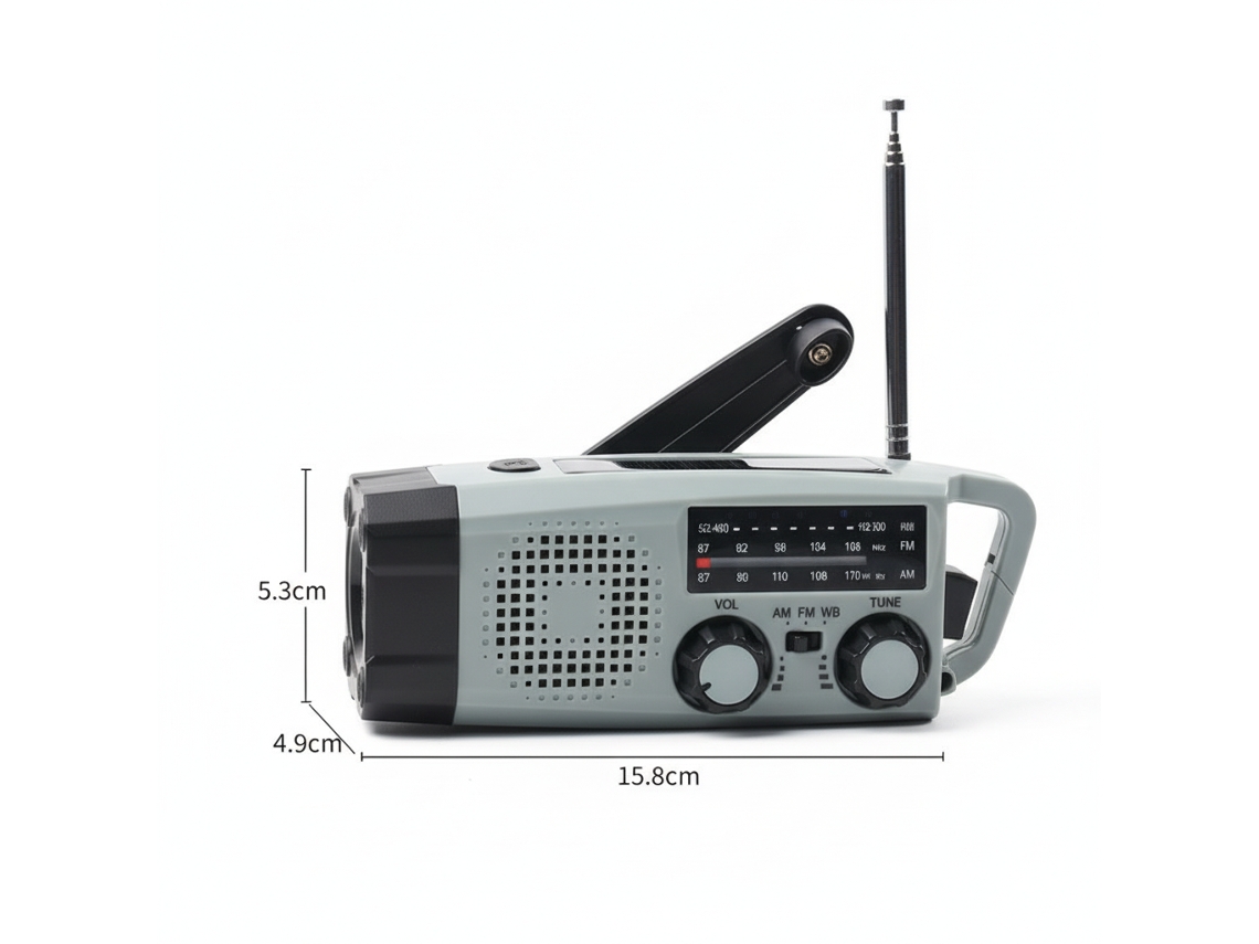 RÁDIO DE MANIVELA solar, lanterna LED, uso externo, AM/FM, bateria 5000mAh, cinza AQUAFORGE