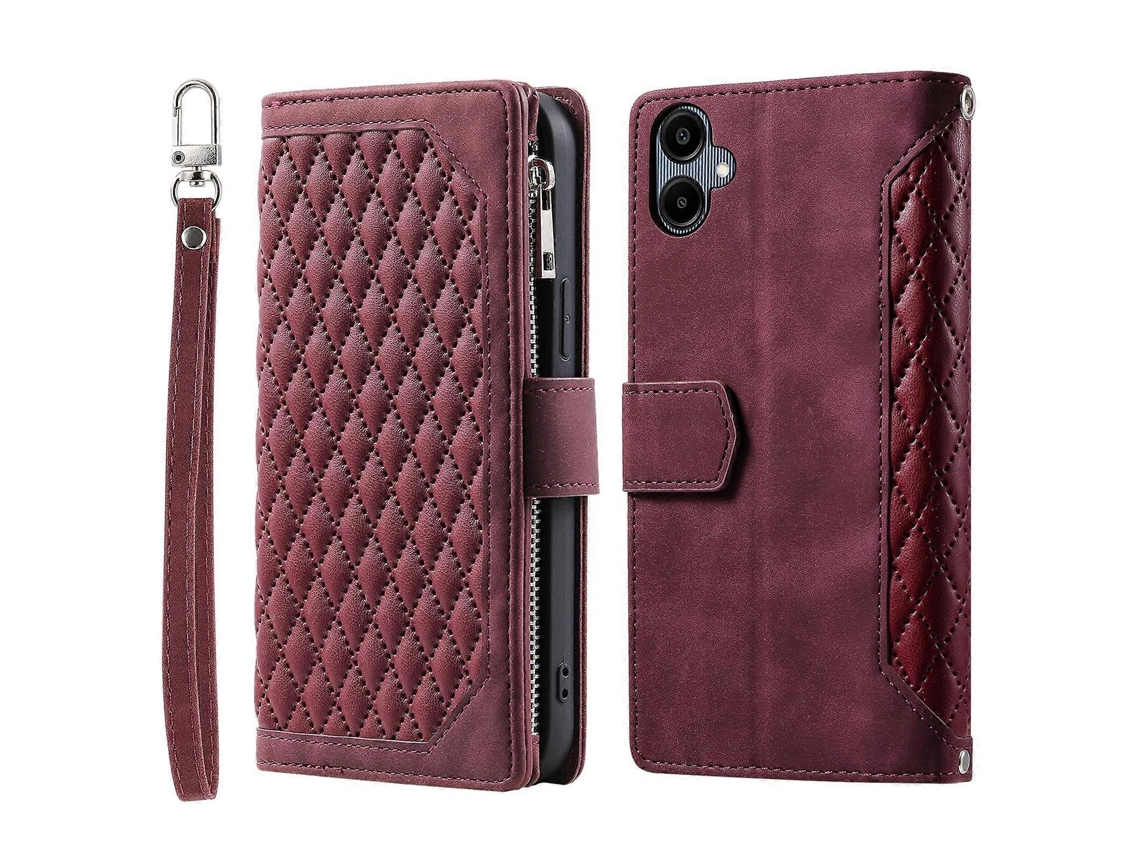 Capa De Couro Com Zíper E Textura De Grade Para Celular Com Cordão