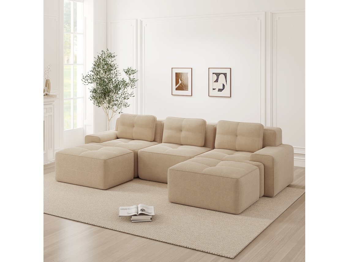 Sofá Modular U 3 Lugares Cloud com Otomana Estofado em Veludo Cotelê Sem Montagem Bege MOBRIO