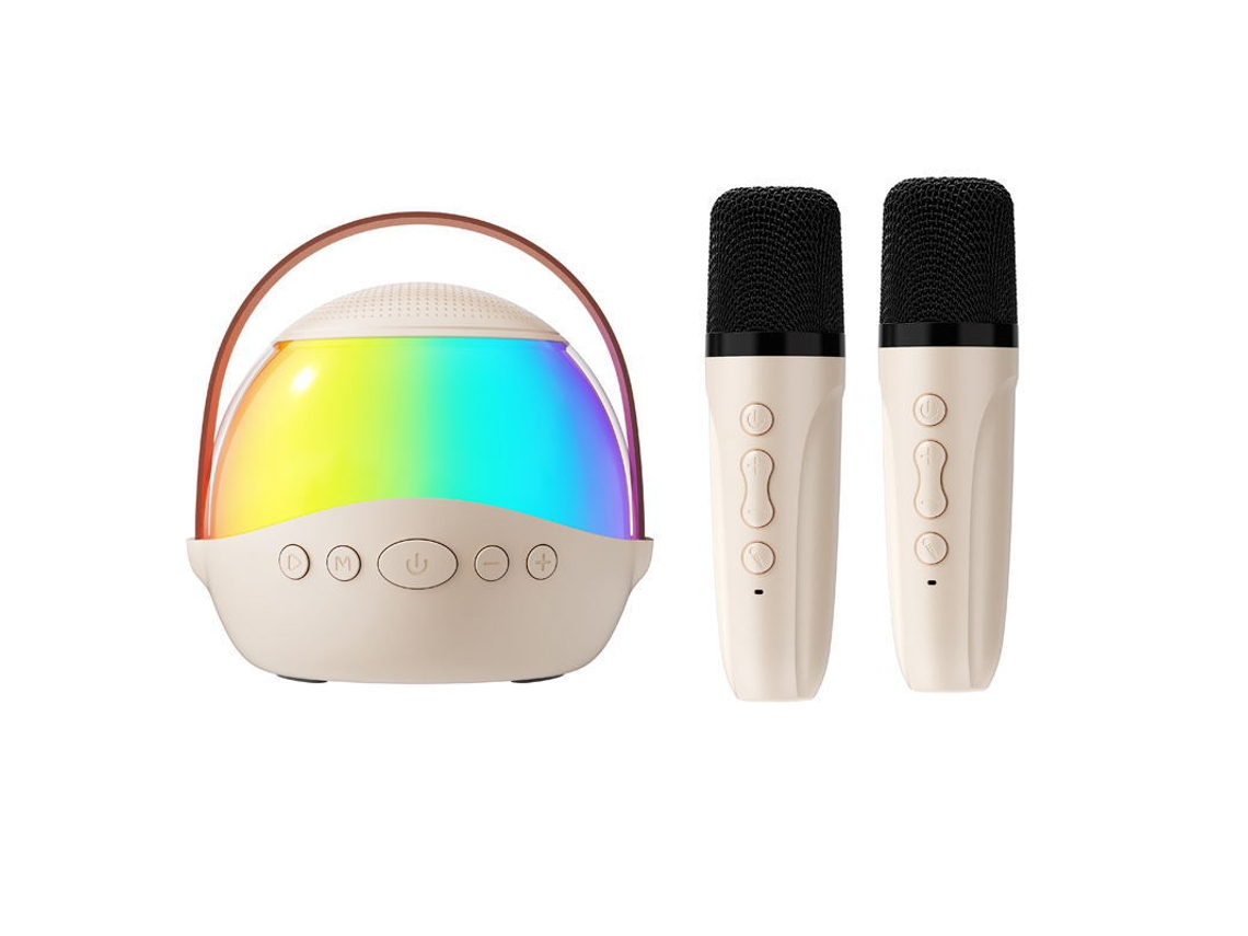 Coluna Bluetooth com dois microfones, portátil, para karaoke, cor creme