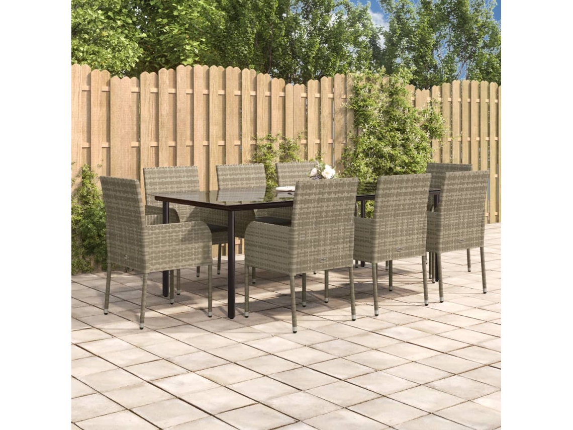 Vidaxl 9 Pcs Conjunto Jantar Jardim C/ Almofadões Vime Pe Preto/cinza