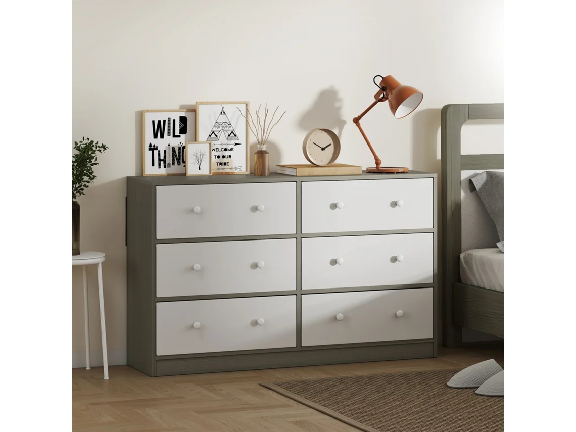 Cómoda Quarto Aço+mdf Homeluso Cd018 6 Gavetas Tecido 114x30x70 Cm Branco E Cinza