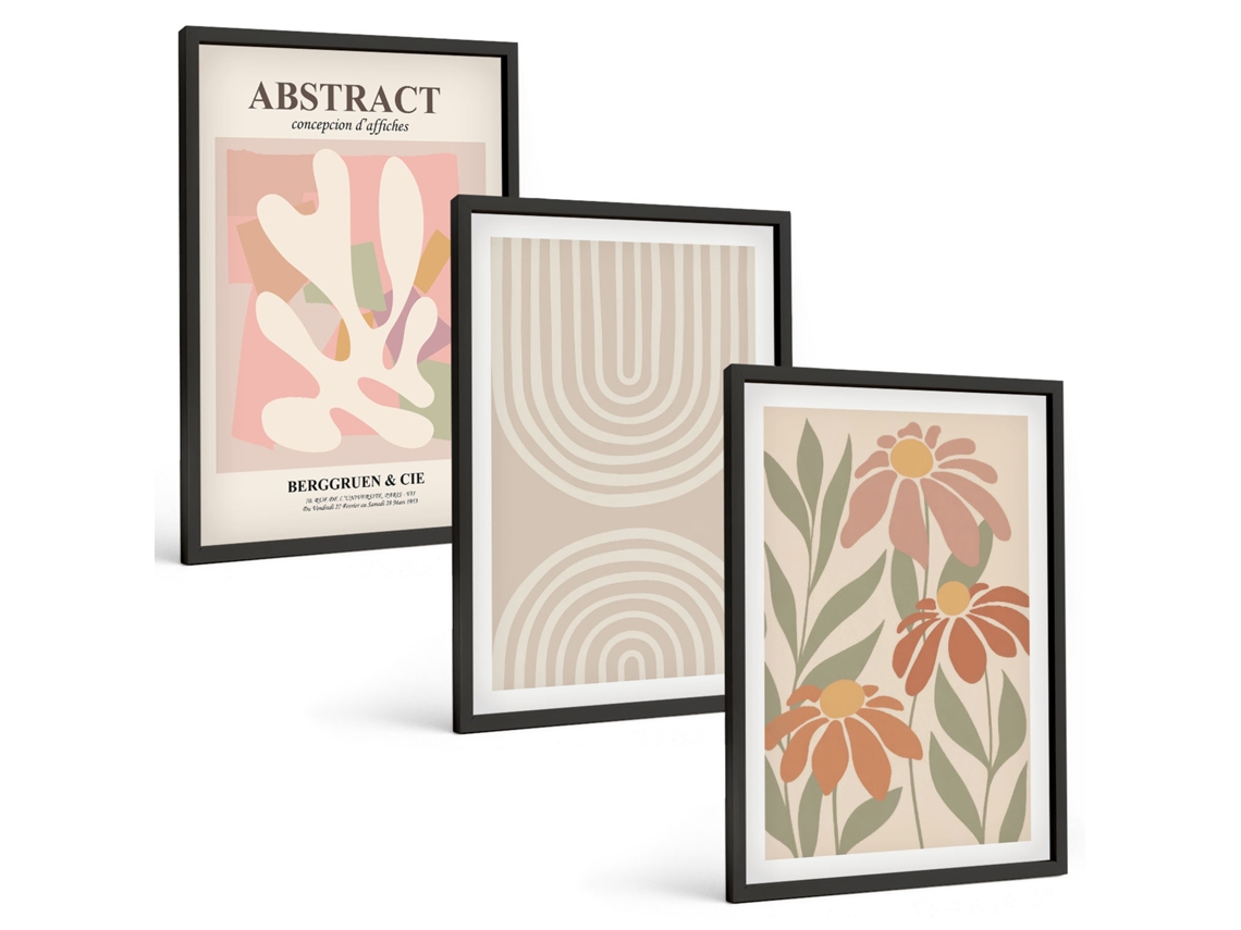 Galeria De Pinturas Murais Formas Abstratas De Plantas Moldura Preta Fotos Para O Escritório Espelharte (3 Piezas De 40x60 Cm)