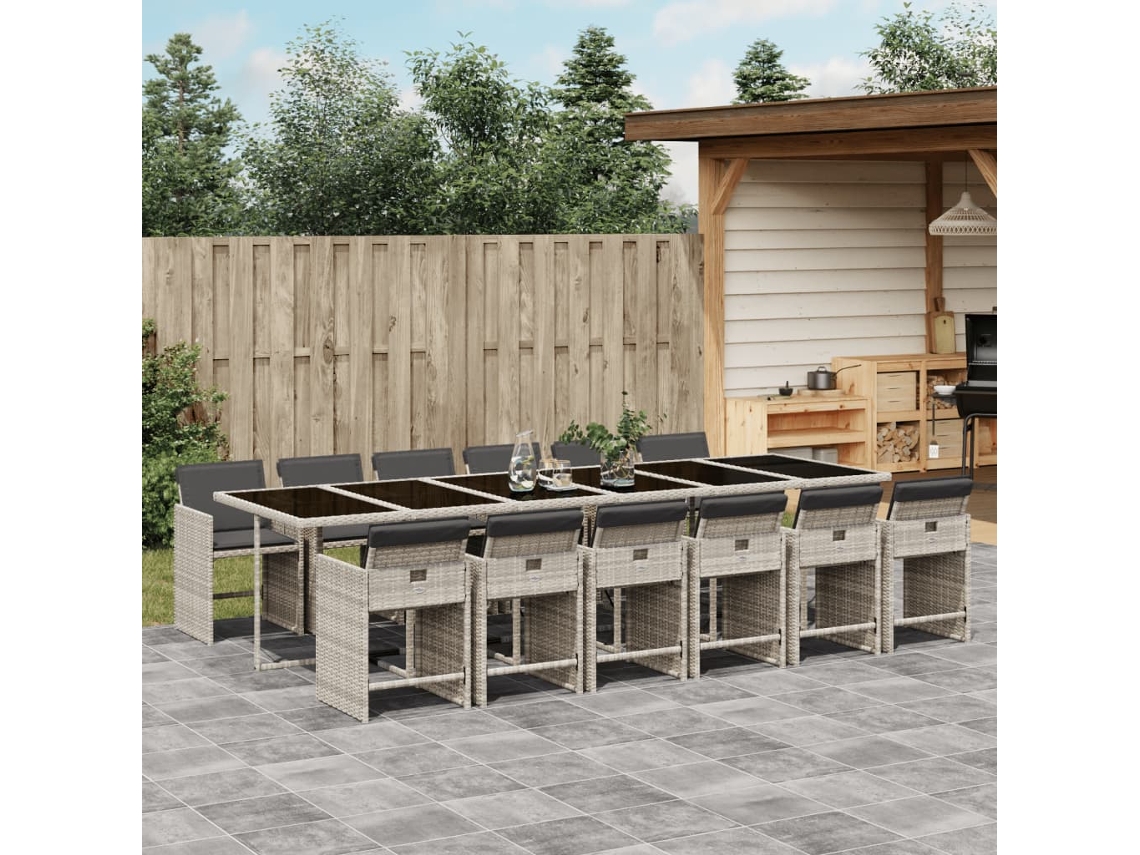 Vidaxl 13 Pcs Conj. Jantar Jardim C/ Almofadões Vime Pe Cinzento claro