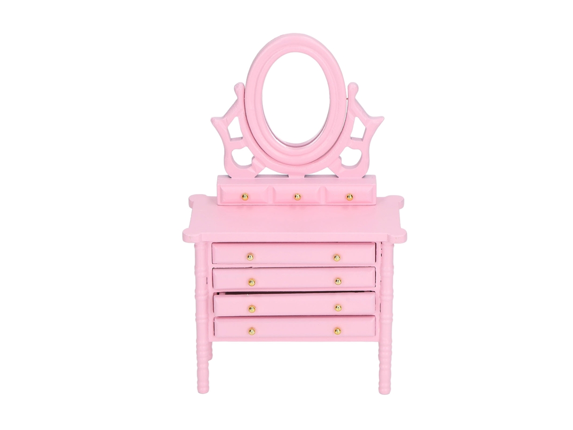 Ats mesa de Maquillaje Miniatsura de Madera para Casita de Muñecas 1:12 Con Espejo Rosa Alta Simulación