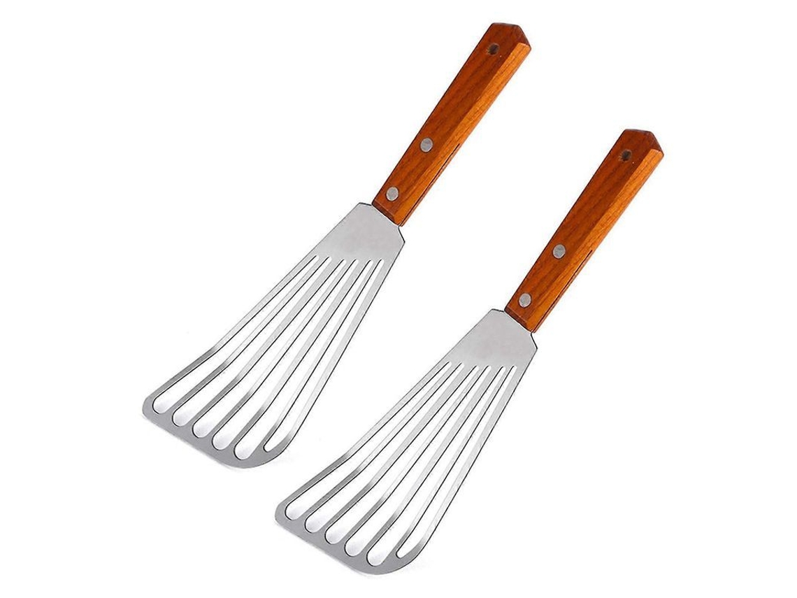 Espátula De Aço Inoxidável Com Cabo De Madeira Para Peixe E Carne - 2 Unidades