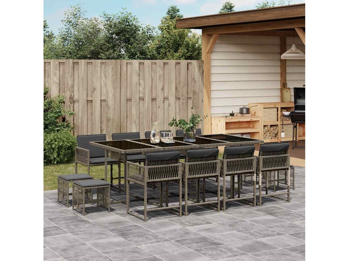 Vidaxl 13 Pcs Conjunto Jantar P/ Jardim C/ Almofadões Vime Pe Cinzento