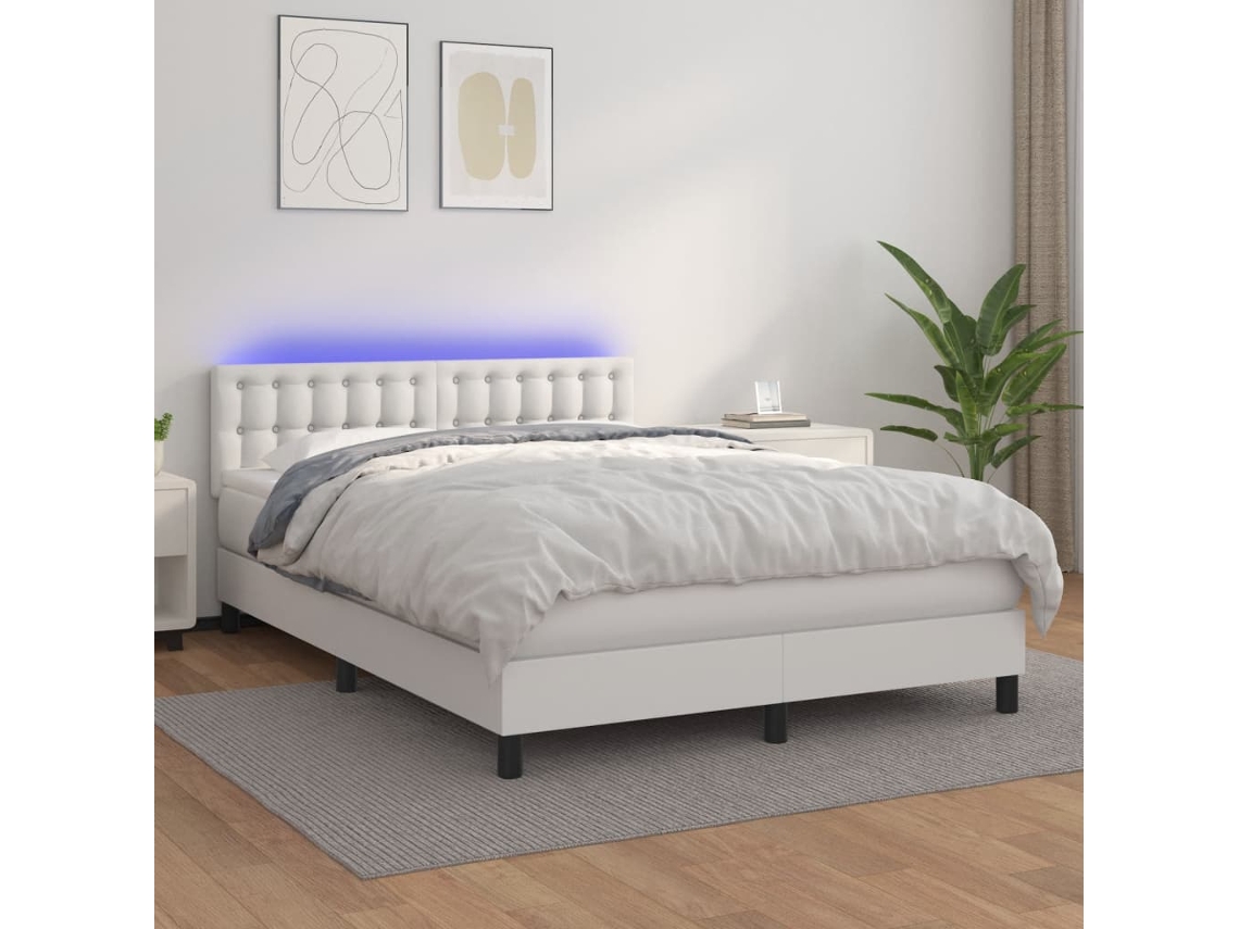 Vidaxl Cama Box Spring C/colchão/led 140x190cm Couro Artificial Branco