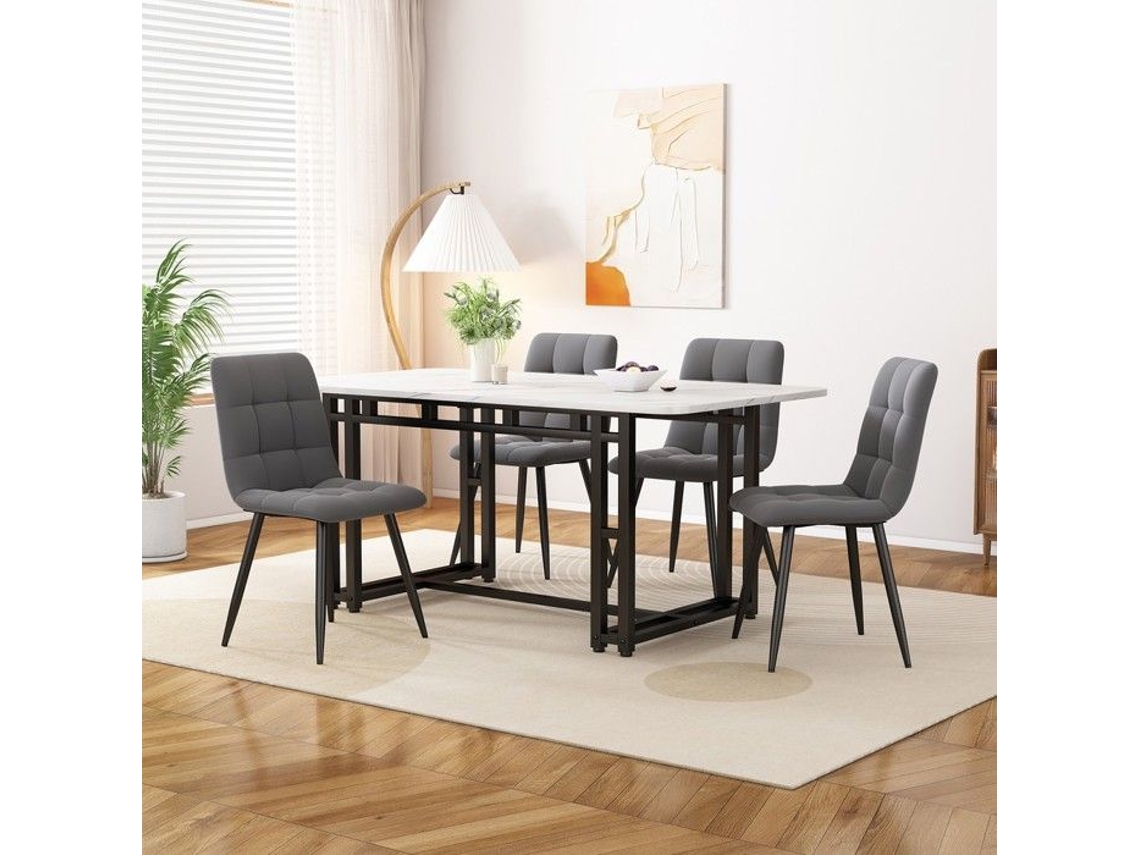 Conjunto De Sala De Jantar - Minimal - 120x70cm - 4 Lugares - Cadeiras De Veludo Cinza Escuro - Estrutura De Metal Preto