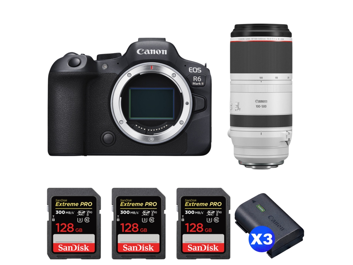 Eos R6 Mark Ii + Rf 100 500mm F/4.5 7.1 L Is Usm + 3 Sandisk 128gb Uhs ii 300mb/s + 3 Canon Lp e6nh + Ebook Pricedirect CANON