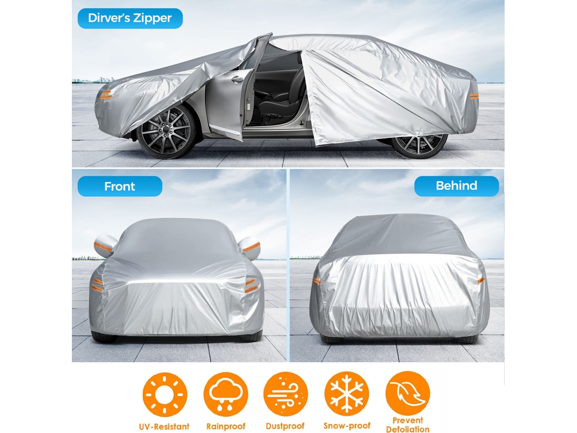 Xl-190t Poliéster Carro Cobre Todos Os Climas Automóveis Ao Ar Livre Com Tira À Prova De Vento 6 Tiras Refletivas Para Sedans Cupês Prata Resistente A