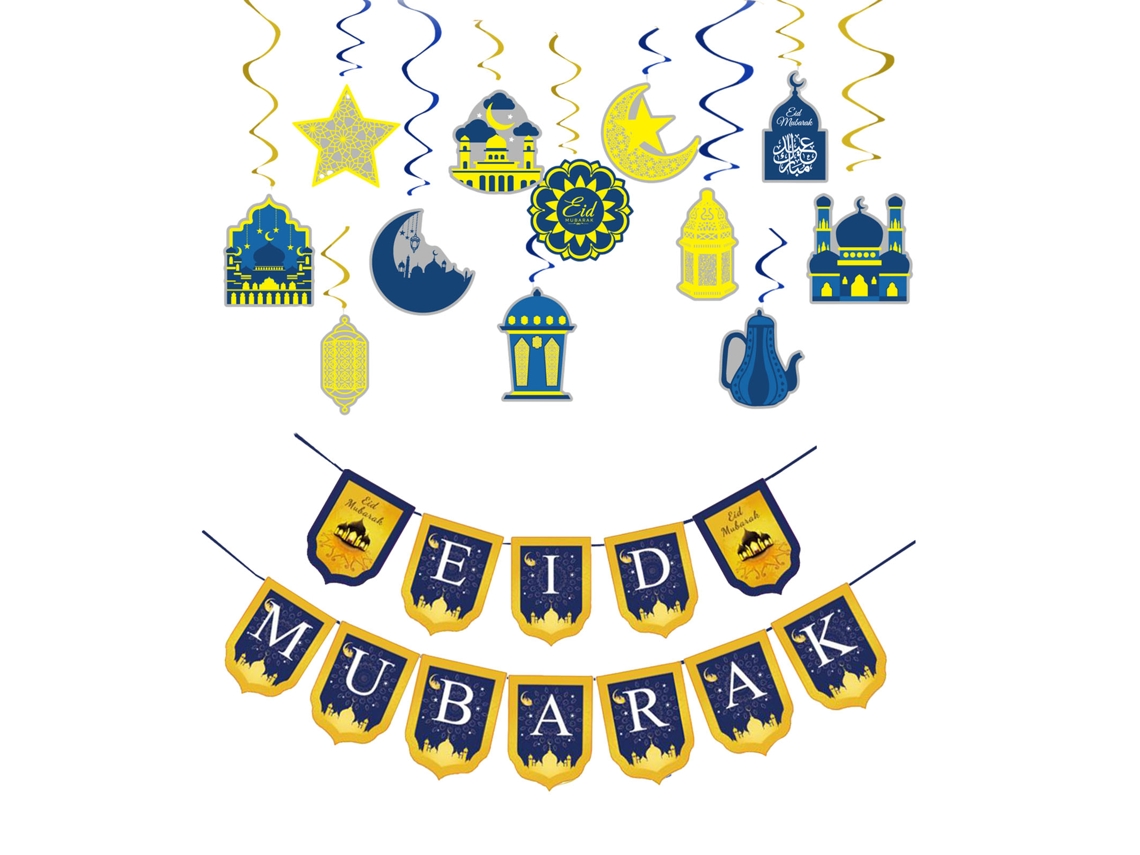Laxiscreed Kit De Bandeiras Decorativas Com Estrelas E Luas Em Azul E Ouro, 12 Peças Em Espiral