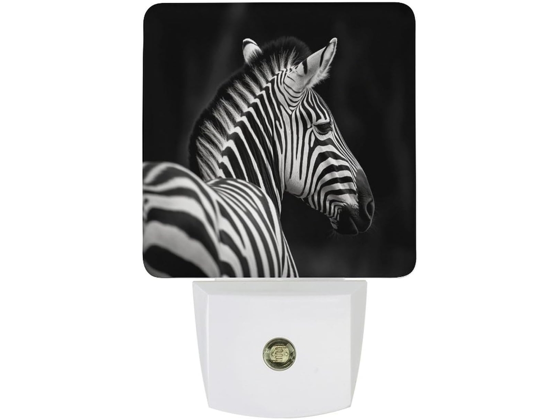 Luminária Noturna De Parede Com Plugue, Preta E Branca, Com Estampa De Zebra, Sensor Crepuscular, Luz Led Branca Quente