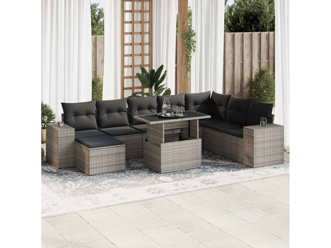 Vidaxl 9 Pcs Conjunto Sofás P/ Jardim com Almofadões Vime Pe Cinzento