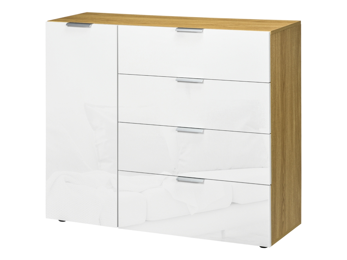 Aparador com 4 gavetas, porta e prateleiras ajustáveis S/MARCA (105x35x92 cm, branco e natural)