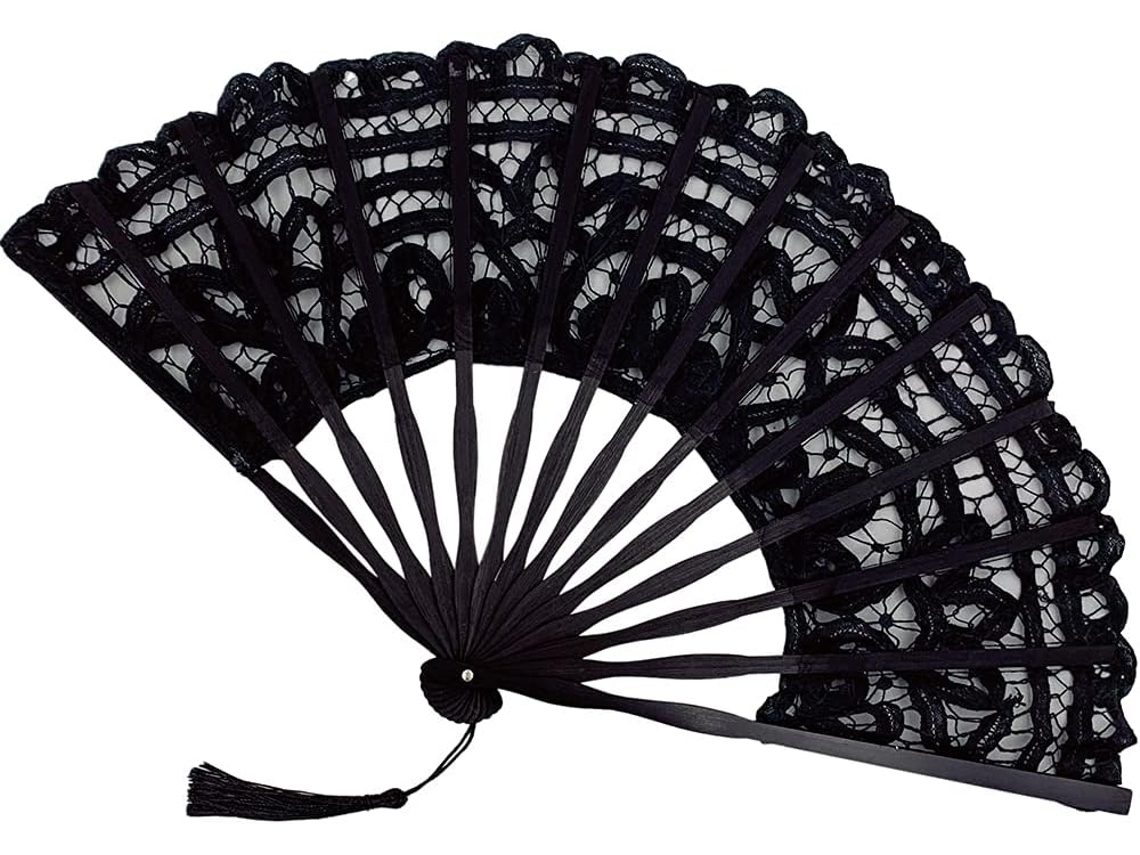 Leque dobrável de renda para mulheres - Leque elegante de algodão - Feito à mão - Estilo retrô vintage -