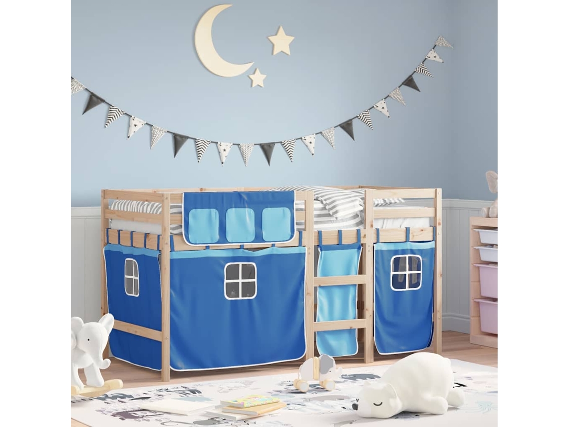 Cama Alta P/ Criança C/ Cortinas 80x200 Cm Pinho Maciço Azul
