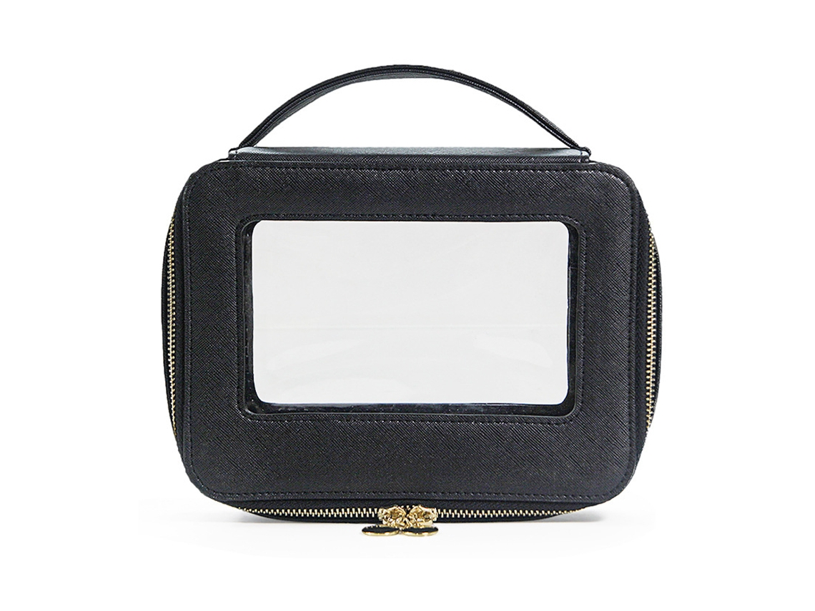 Bolsa de Maquiagem Feminina para Viagem em Couro com Janelas Transparentes e Zíper Dourado NEVEANCE
