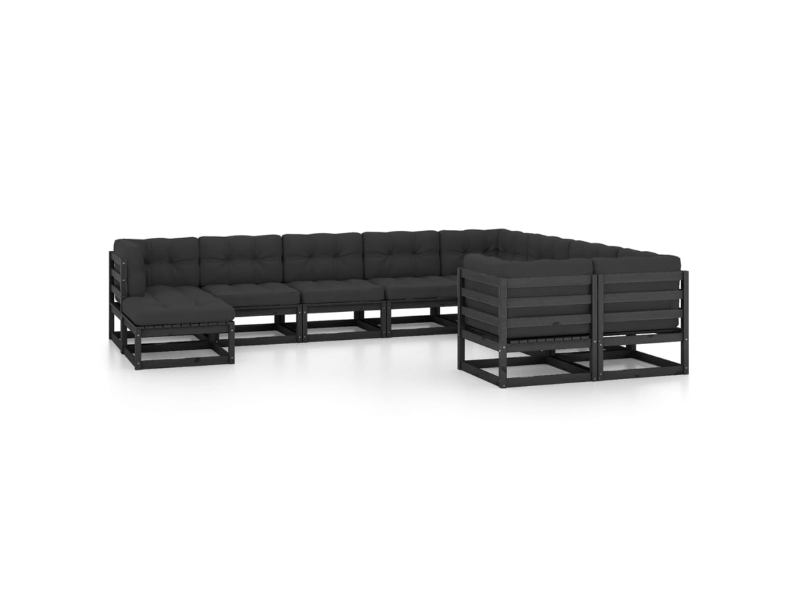 10 Pcs Conjunto Lounge Jardim C/ Almofadões Pinho Maciço Preto Dkd Home Decor