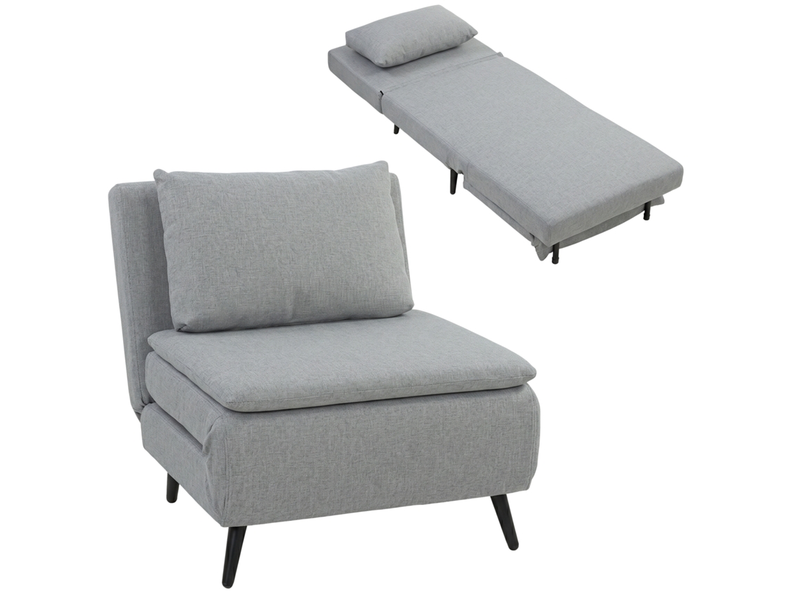 Poltrona-cama 3 Em 1 Com Encosto Regulável E Almofada, Revestimento Em Tecido Imitação Linho Cinza Claro.