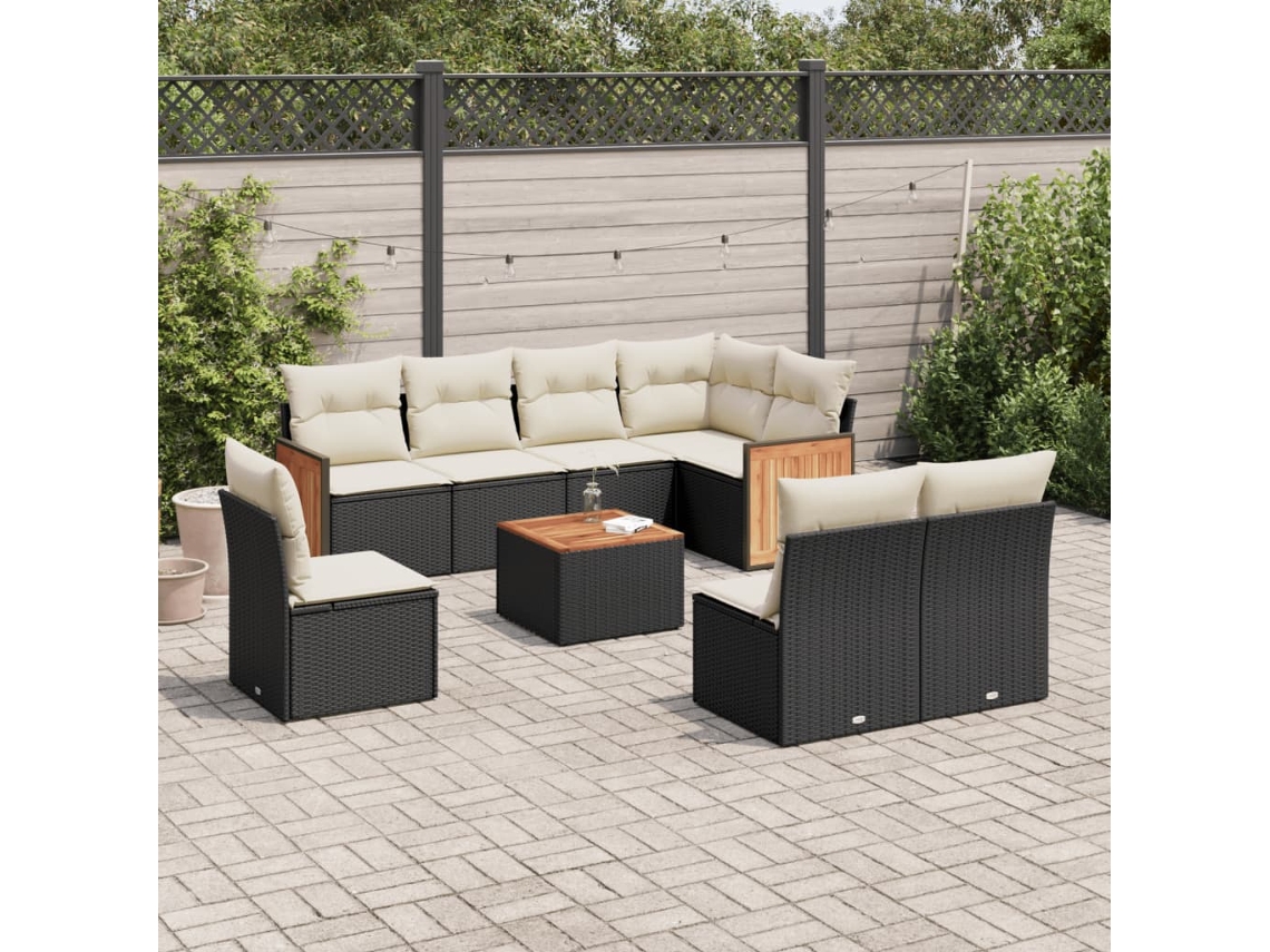 Vidaxl 9 Pcs Conjunto De Sofás P/ Jardim C/ Almofadões Vime Pe Preto