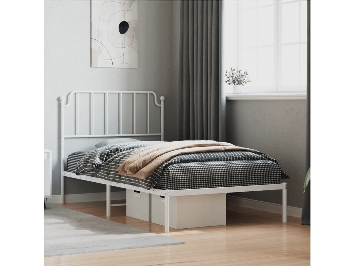 Cama com Cabeceira PANGSHIYUAN Madeira Metal Branco (102x207x105cm)