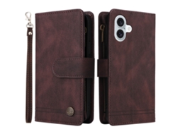 Capa Em Couro Pu Com Pega Para Apple Iphone 16 Plus - Castanho